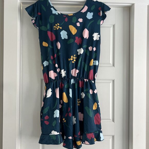 One Piece M Swimsuit Built In Bra Shorts Pockets Jumper Blue Floral NWOT Modest - Picture 7 of 7